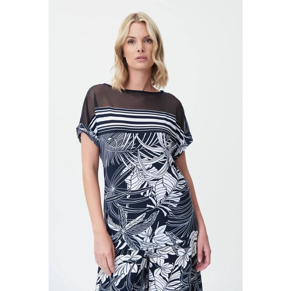 Joseph Ribkoff Tropical Print Mesh Yoke Top 232048 -- Midnight Blue/Vanilla NWT